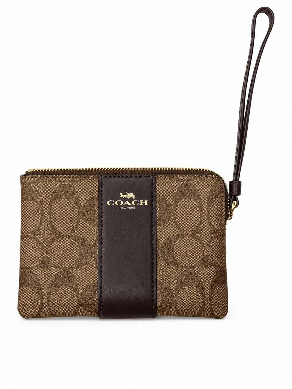 Coach Signature Canvas Corner Zip Wristlet Wallet Brown Gold